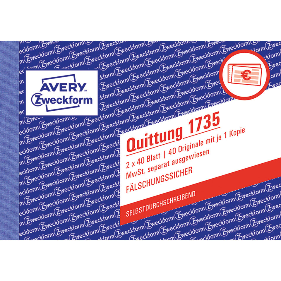Quittung MwSt. separat ausgewiesen, A6 quer, selbstdurchschreibend, 2x40 Blatt AVERY ZWECKFORM 1735 ZWECKFORM 1735 m,Mwst Nachw,