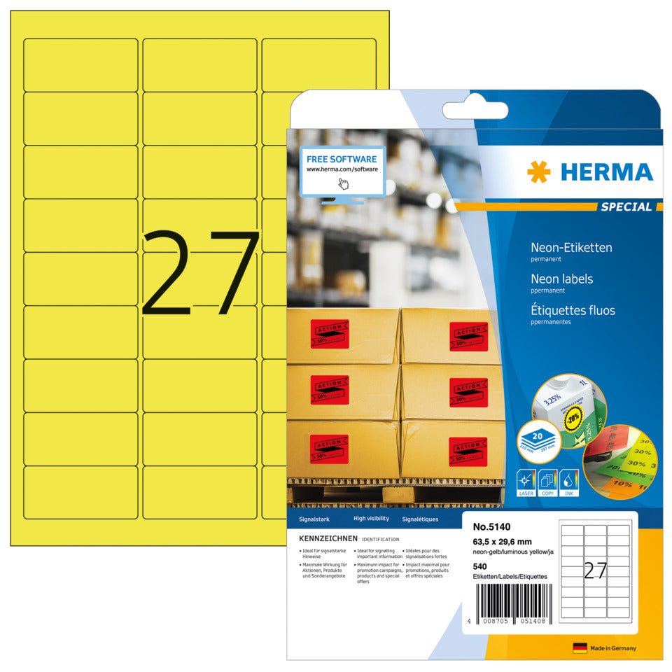 Neonetiketten permanent, 63,5x29,6mm, 540 Stück, leuchtgelb HERMA 5140 HERMA 5140  540 Stück permanent haftend