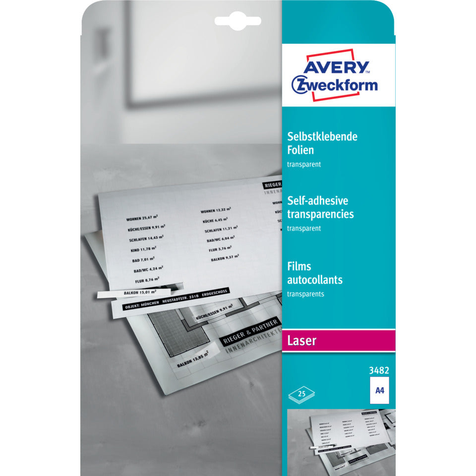 Transparente, selbstklebende Folien, A4, einseitig beschichtet, 25 Blatt AVERY ZWECKFORM 3482