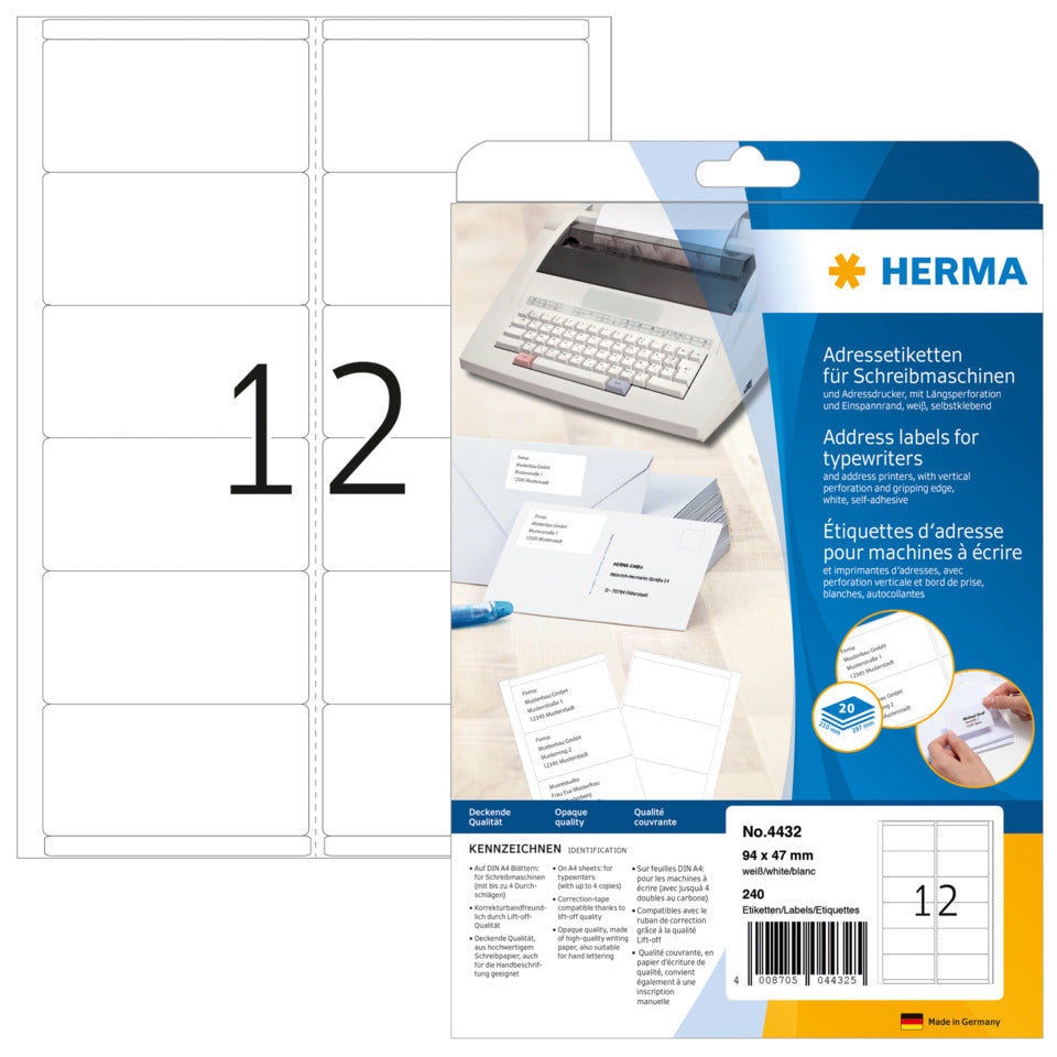 Adressetiketten permanent, 94 x 47 mm, 240 Stück, weiß HERMA 4432 HERMA 4432 240 Stück permanent haftend