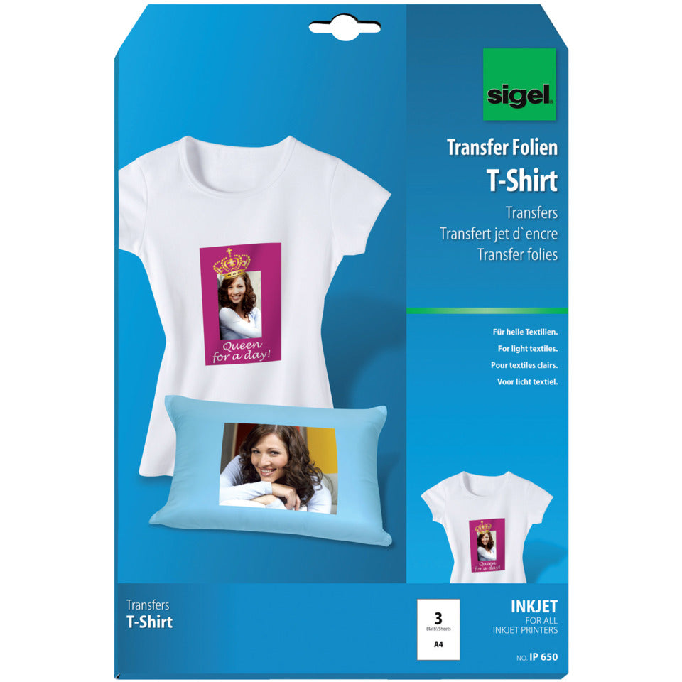 Bügelfolie Inkjet für helle Textilien, A4, 110g/m², 3 Blatt SIGEL IP650 SIGEL IP650 f. helle Textilien