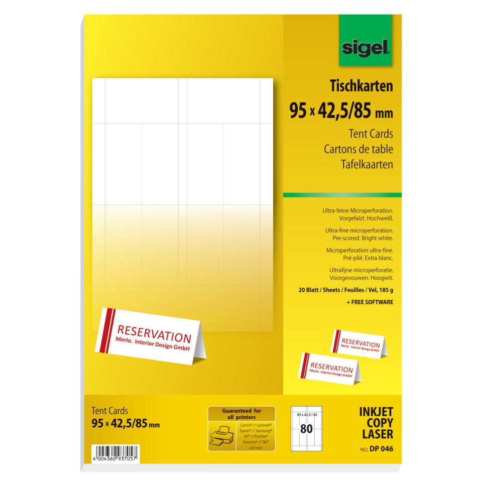 Tischkarte, 95x42,5mm, 185g/m², 80 Stück, weiß SIGEL DP046 SIGEL DP046 20BL