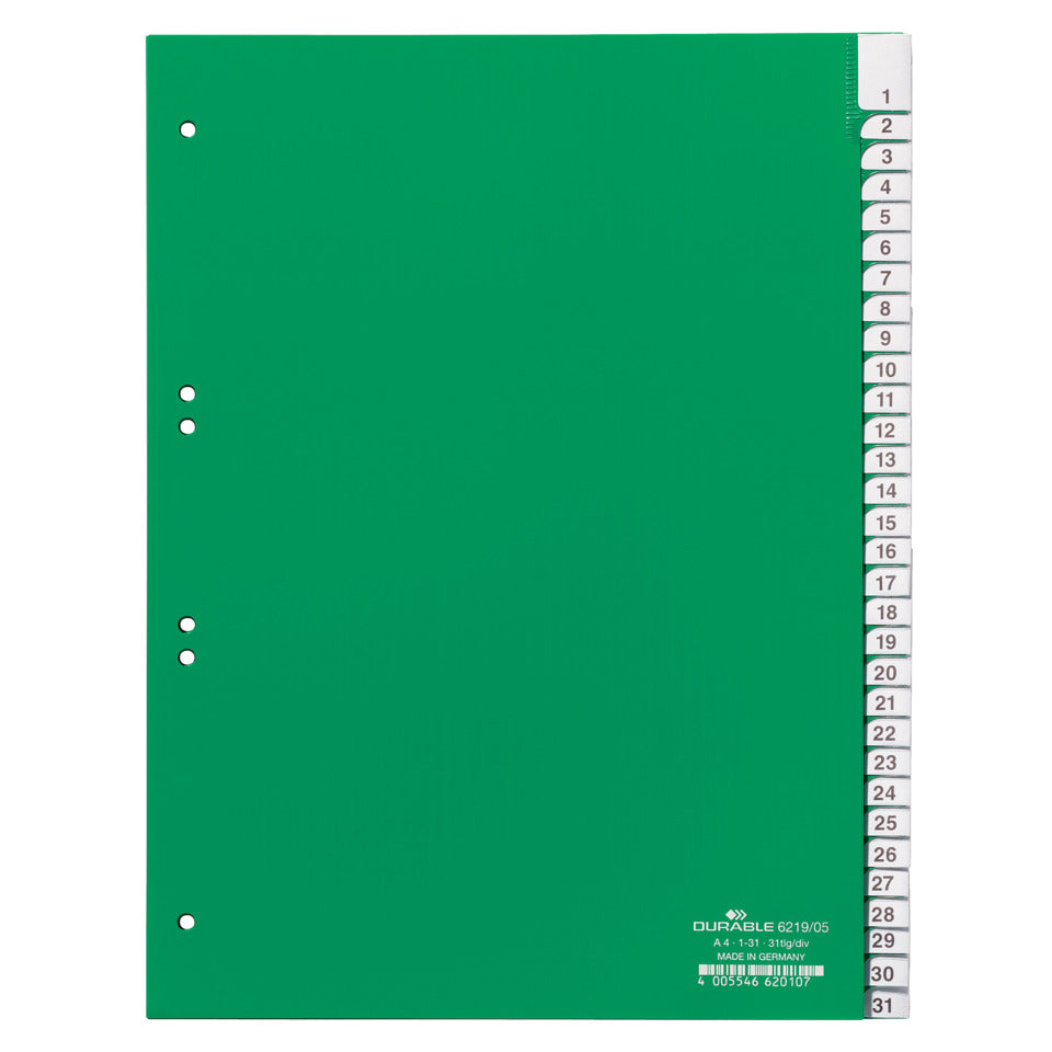 Register, Hartfolie, 1 - 31, grün, DIN A4, 215/230 x 297 mm, 31 Blatt DURABLE 6219 05 DURABLE 6219 05 A4h/31tlg