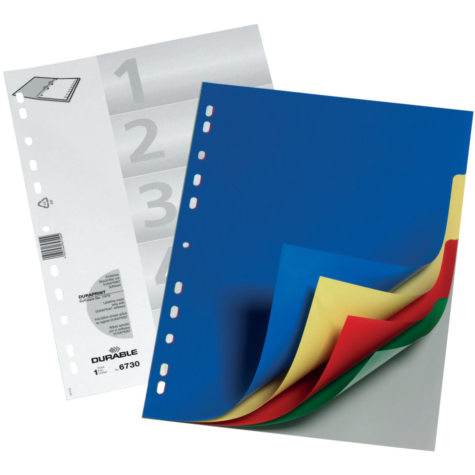 Plastikregister, PP, blanko, farbige Taben, DIN A4, 210/220 x 297 mm, 5 Blatt DURABLE 6730 27 DURABLE 6730 27 farbige Taben
