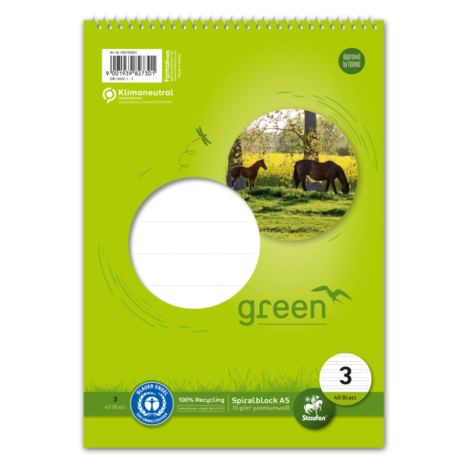 Spiralblock, A5, 70g/m², 40 Blatt, Lin.3, liniert STAUFEN GREEN 040740003 STAUFEN GREEN 040740003 70g