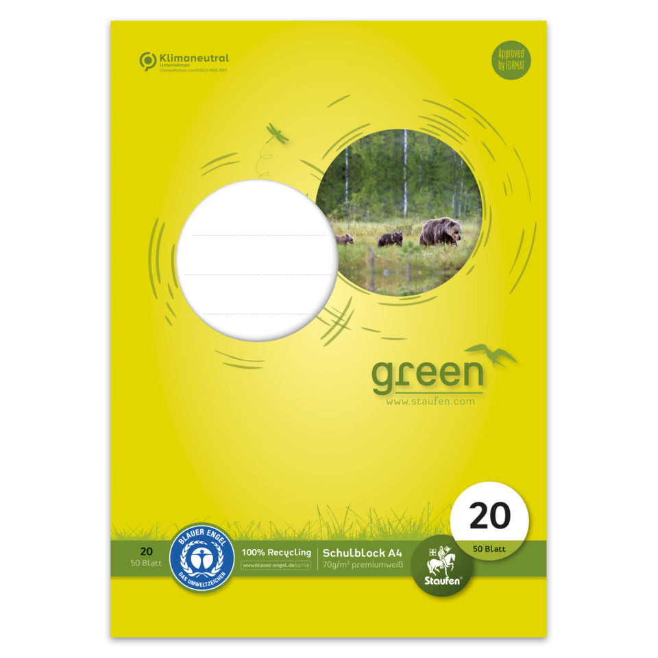 Schulblock, A4, 70g/m², 50 Blatt, Lin.20, blanko STAUFEN GREEN 040750020 STAUFEN GREEN 040750020 70g