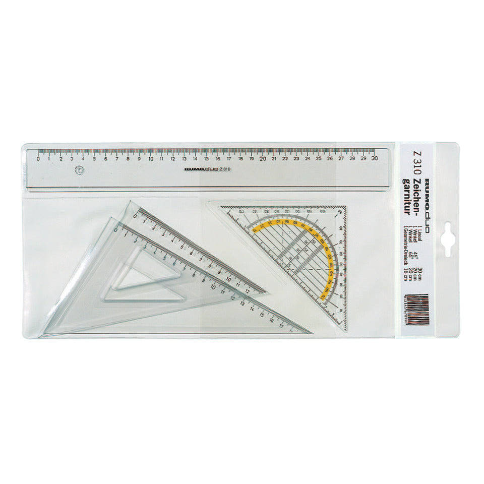 Zeichengarnitur, transparenter Kunststoff, Lineal 30 cm, Winkel 45°/60° je 20 cm, Geodreieck 16 cm RUMOLD Z 310 RUMOLD  Z310 Pl.i. Etui