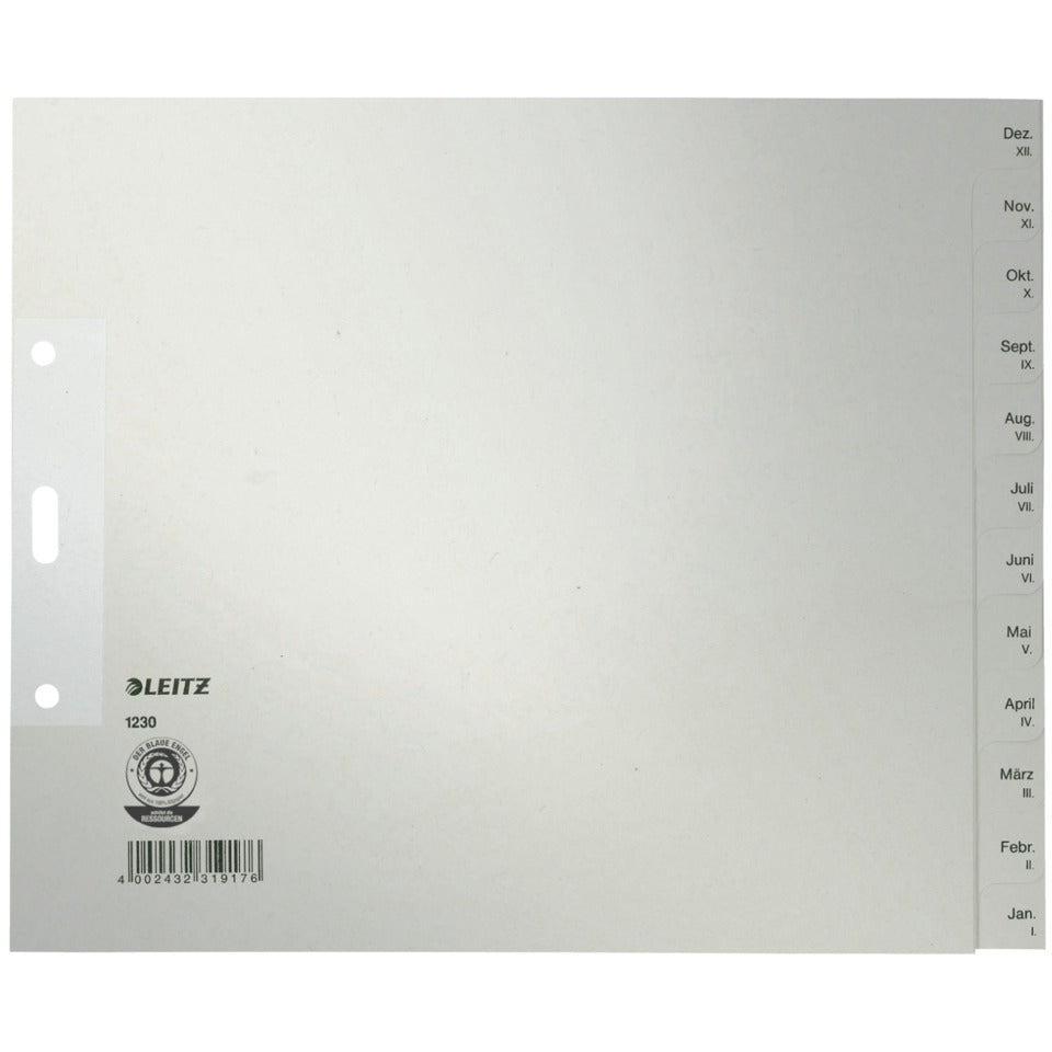 Papierregister Dez-Jan, A4, Papier, 12 Blatt, grau LEITZ 1230-00-85 LEITZ 12300085 Papier 1/2 Höhe