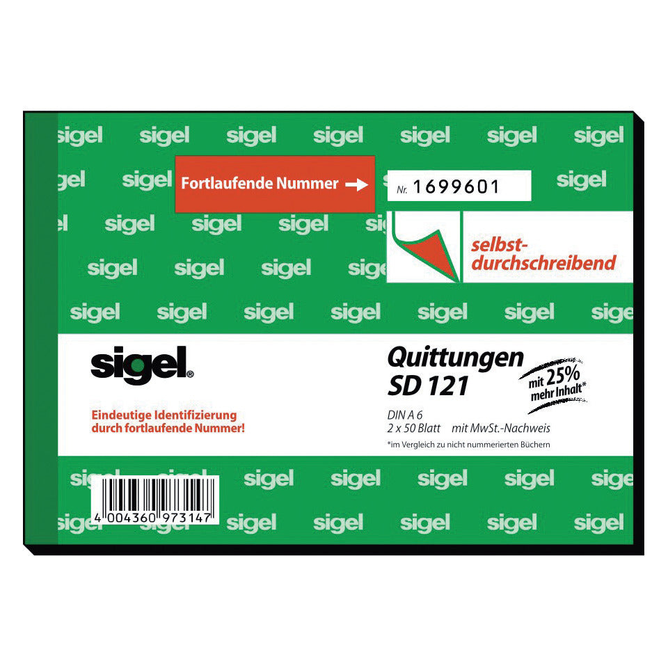 Quittung, A6, 2x50 Blatt SIGEL SD121 SIGEL SD121 fortlauf. nummer.
