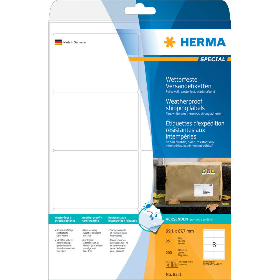 Universaletiketten stark haftend, 99,1x67,7mm, wetterfest, 200 Stück, weiß HERMA 8331 HERMA 8331 wetterfest  25x8St