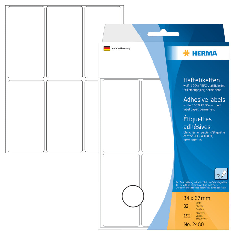 Etiketten permanent, 34x67mm, 192 Stück, weiß HERMA 2480 HERMA 2480 permanent haftend