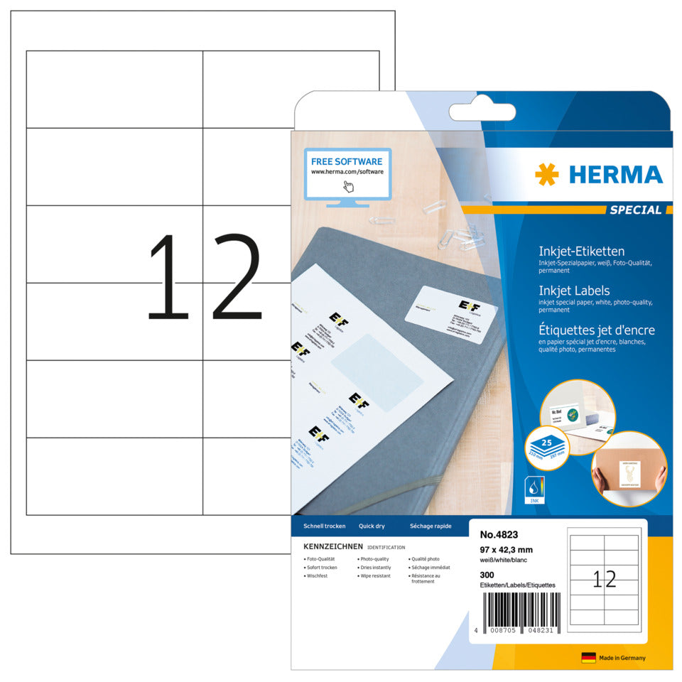 Inkjet-Etiketten permanent, 96,5x42,3mm, 300 Stück, weiß HERMA 4823 HERMA 4823 A4