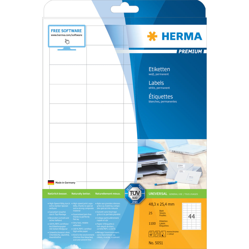 Etiketten Premium permanent, 48,3x25,4mm, 1100 Stück, weiß HERMA 5051 HERMA 5051 Premium 1100 St. permanent