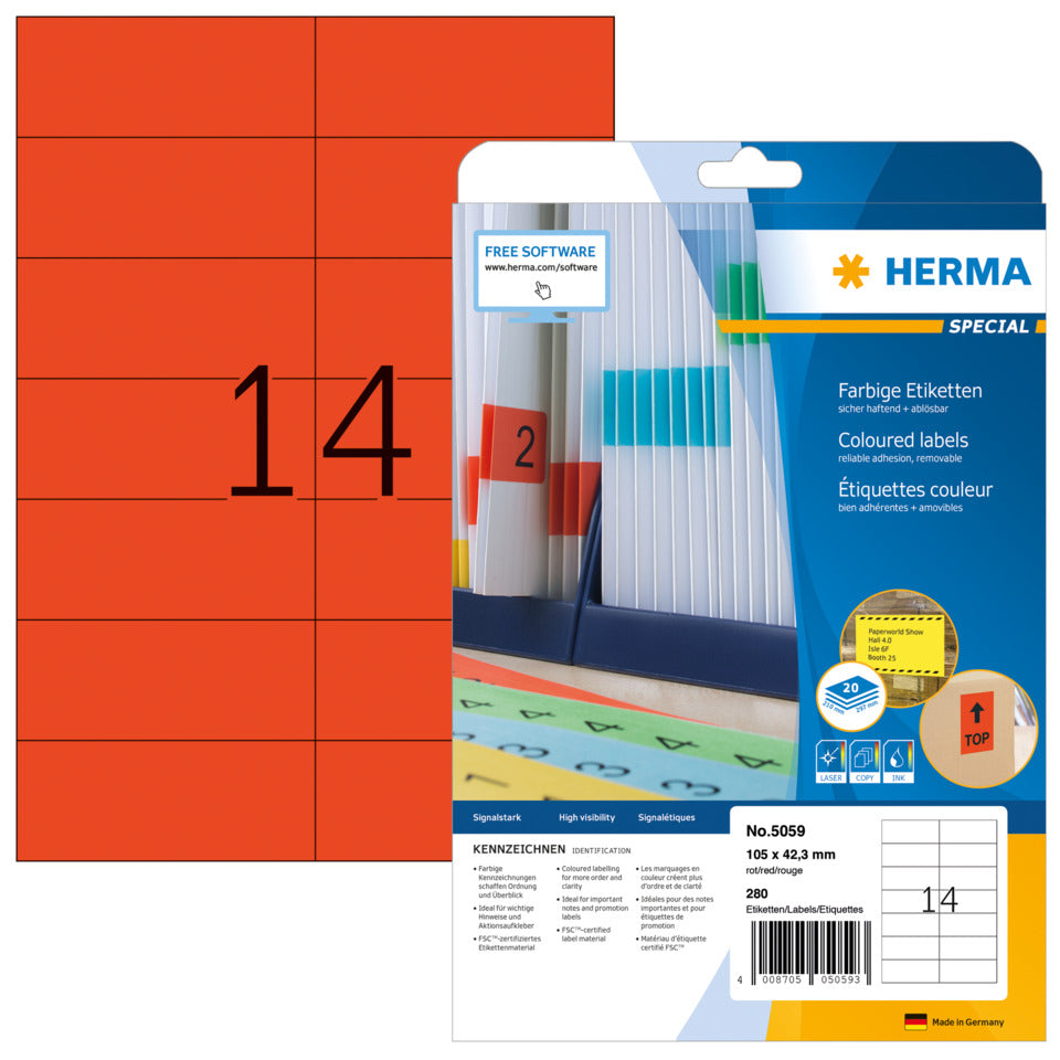 Etiketten ablösbar, 105x42,3mm, 280 Stück, rot HERMA 5059 HERMA 5059  280 Stück  ablösbar