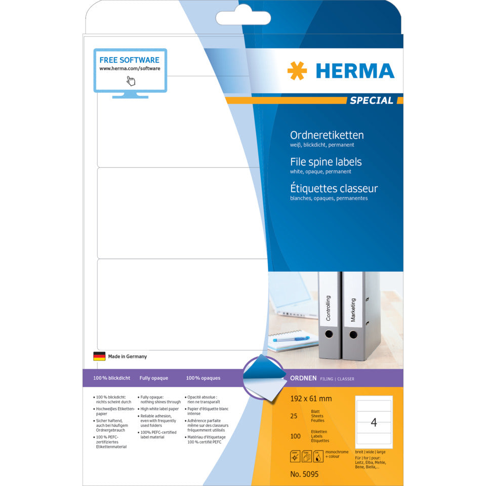 Ordnerrückenschild permanent, 61 x 192 mm, breit/kurz, 100 Stück, weiß HERMA 5095 HERMA 5095 breit/kurz permanent haftend