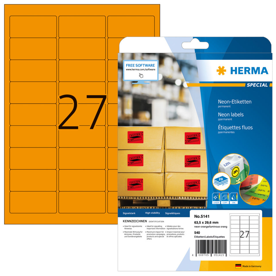 Neonetiketten permanent, 63,5x29,6mm, 540 Stück, leuchtorange HERMA 5141 HERMA 5141  675 Stück permanent haftend