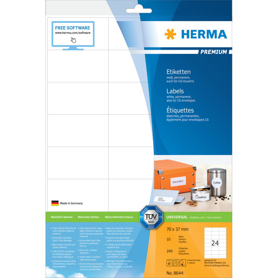 Etiketten Premium permanent, 70x37mm, 240 Stück, weiß HERMA 8644 HERMA 8644  240 St. permanent haftend