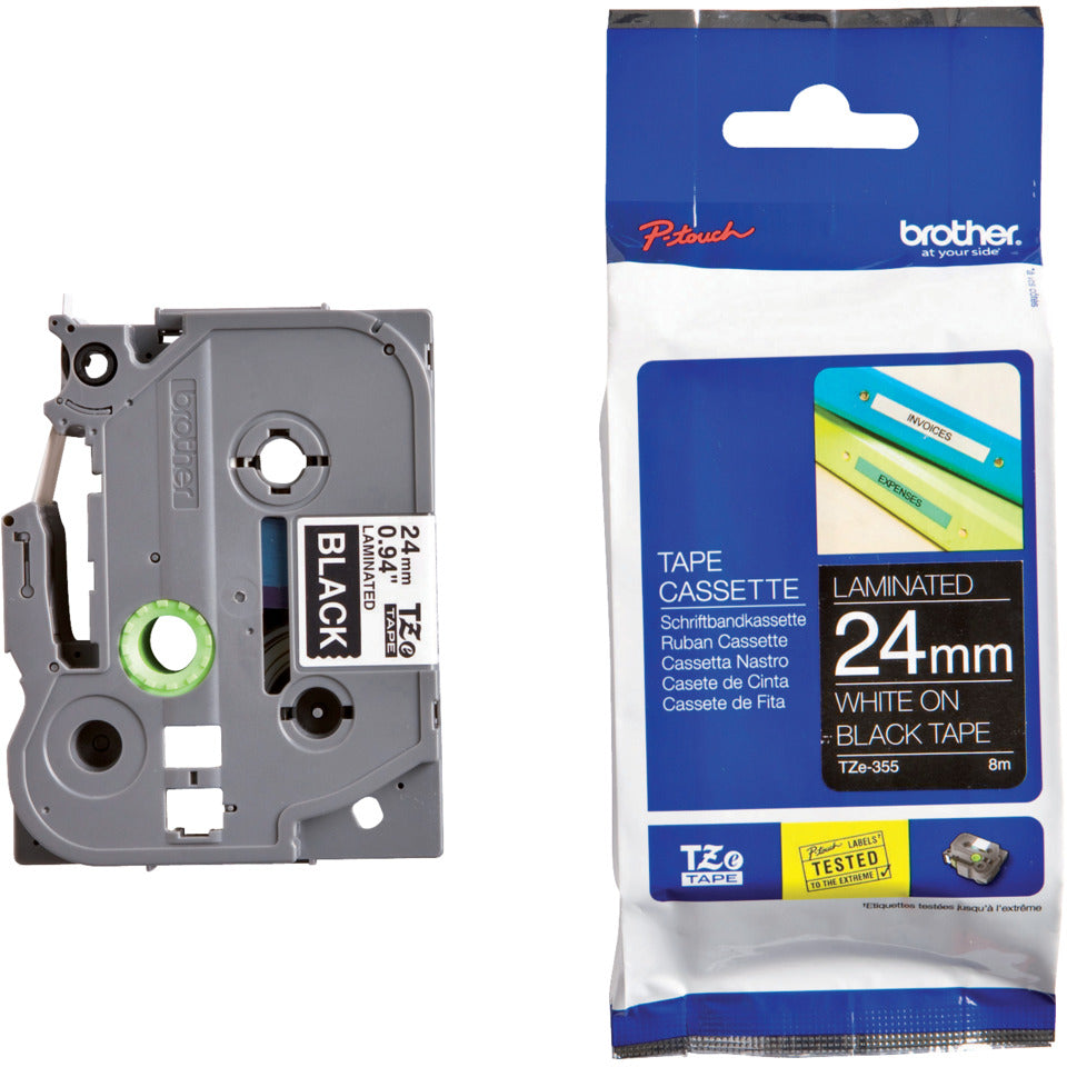 Schriftband, TZe-355, 24 mm breit / 8 m lang, weiß auf schwarz, laminiert BROTHER TZE355 BROTHER TZE355 24mm 8m