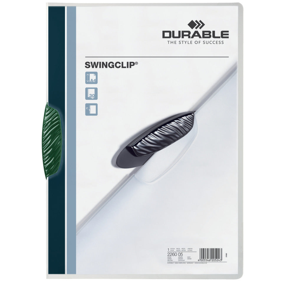 Klemm-Mappe SWINGCLIP®, PP, 30 Blatt, grüne Klemme, Mappe transparent DURABLE 2260 05 DURABLE 2260 05 30BL