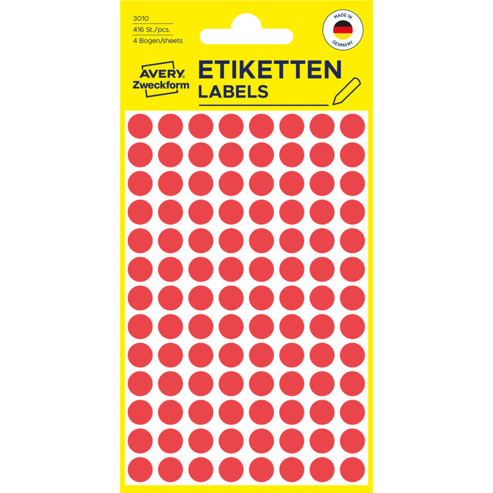 Markierungspunkte, Ø8mm, 416 Stück, rot AVERY ZWECKFORM 3010 ZWECKFORM 3010 permanent haftend