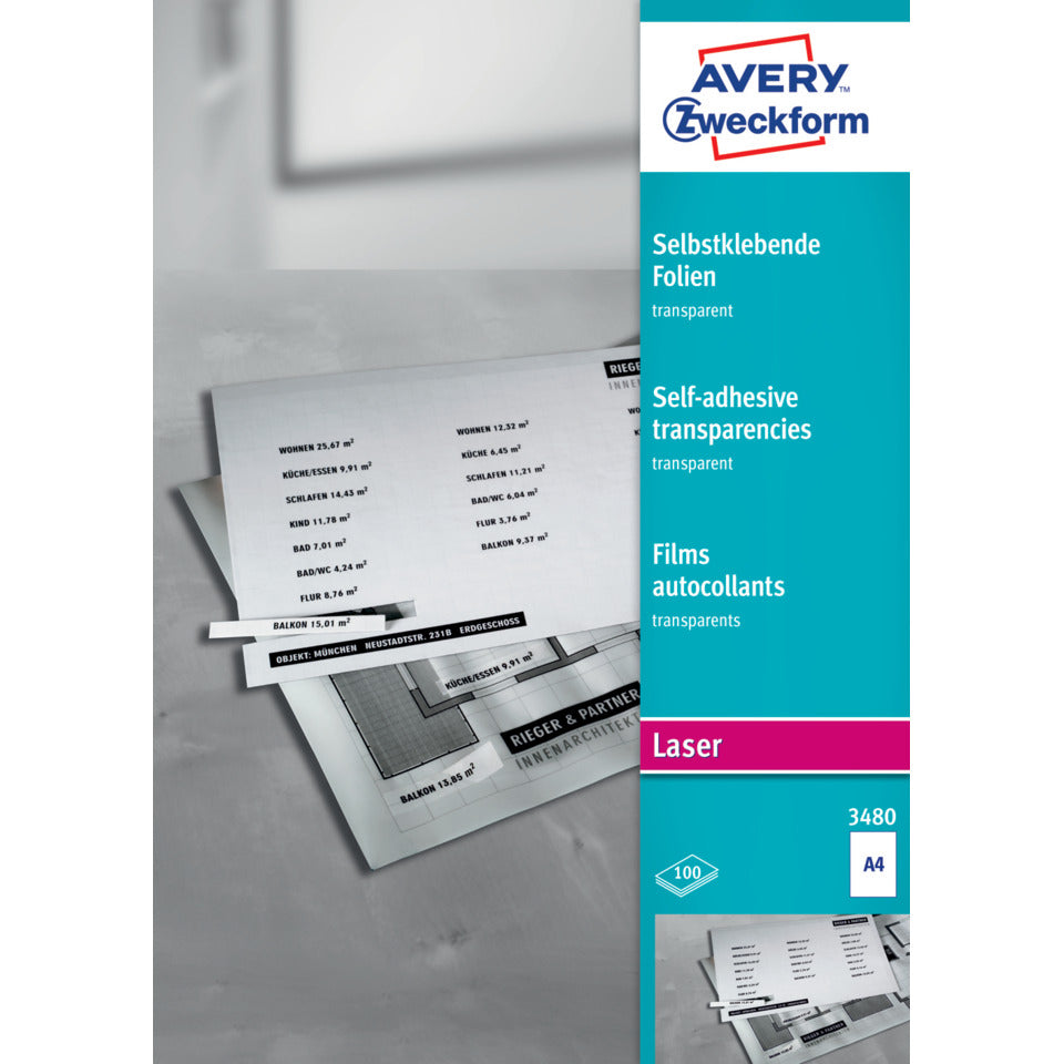 Transparente, selbstklebende Folien, A4, einseitig beschichtet, 100 Bogen AVERY ZWECKFORM 3480 ZWECKFORM 3480 100BL