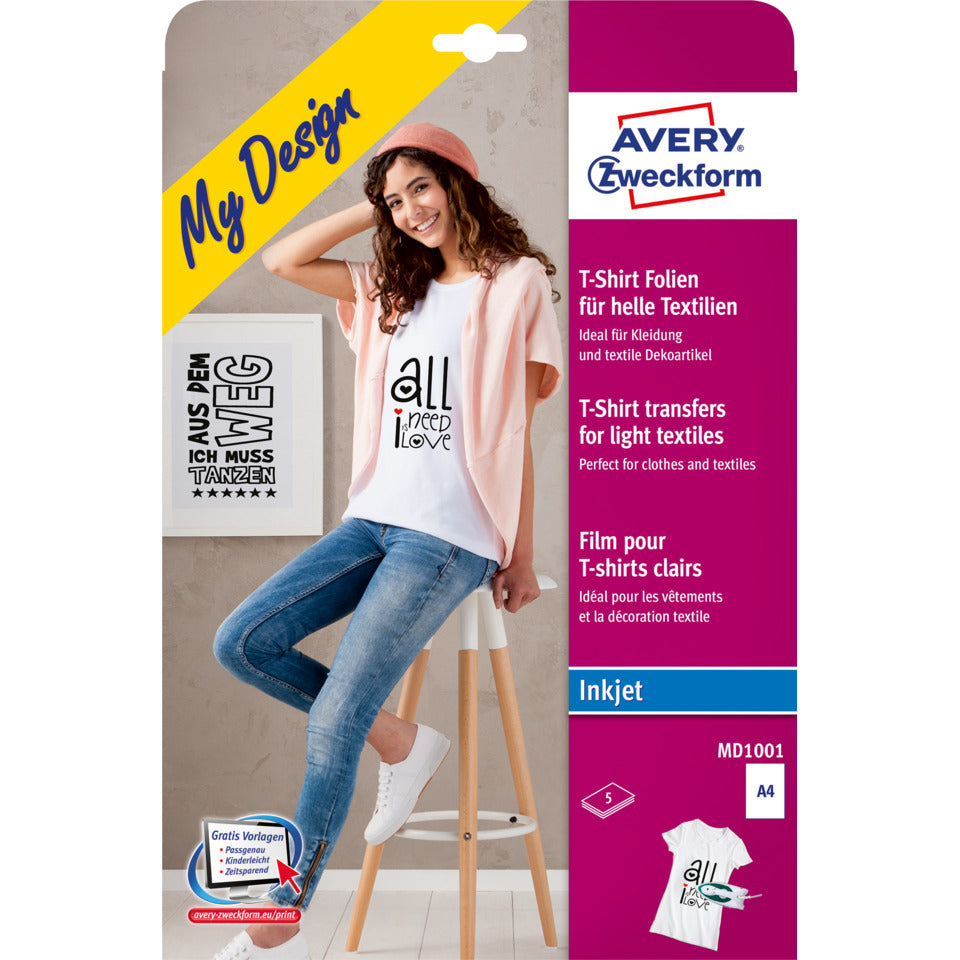 Transferfolien für helle Textilien, A4, 5 Blatt AVERY ZWECKFORM MD1001 ZWECKFORM MD1001 f.helle Text.