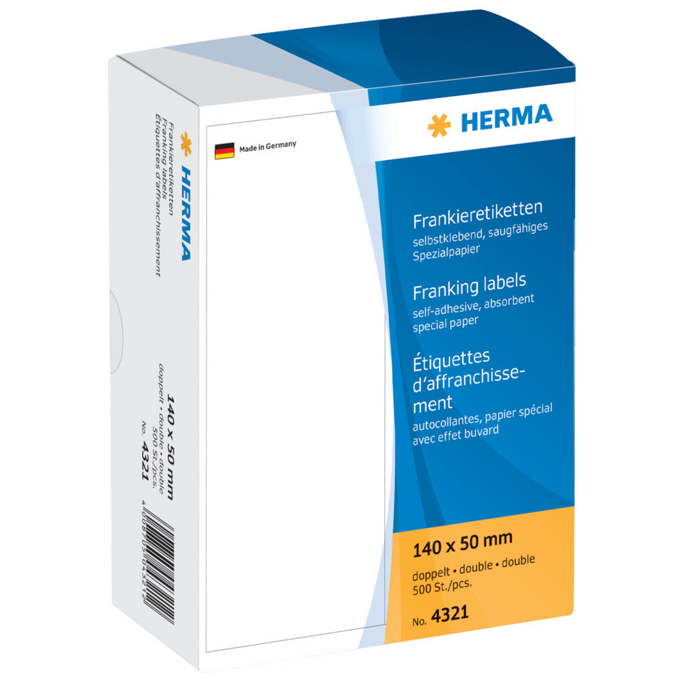 Frankieretiketten doppelt permanent, 140x50mm, 500 Stück, weiß HERMA 4321 HERMA 4321 doppelt permanent haftend