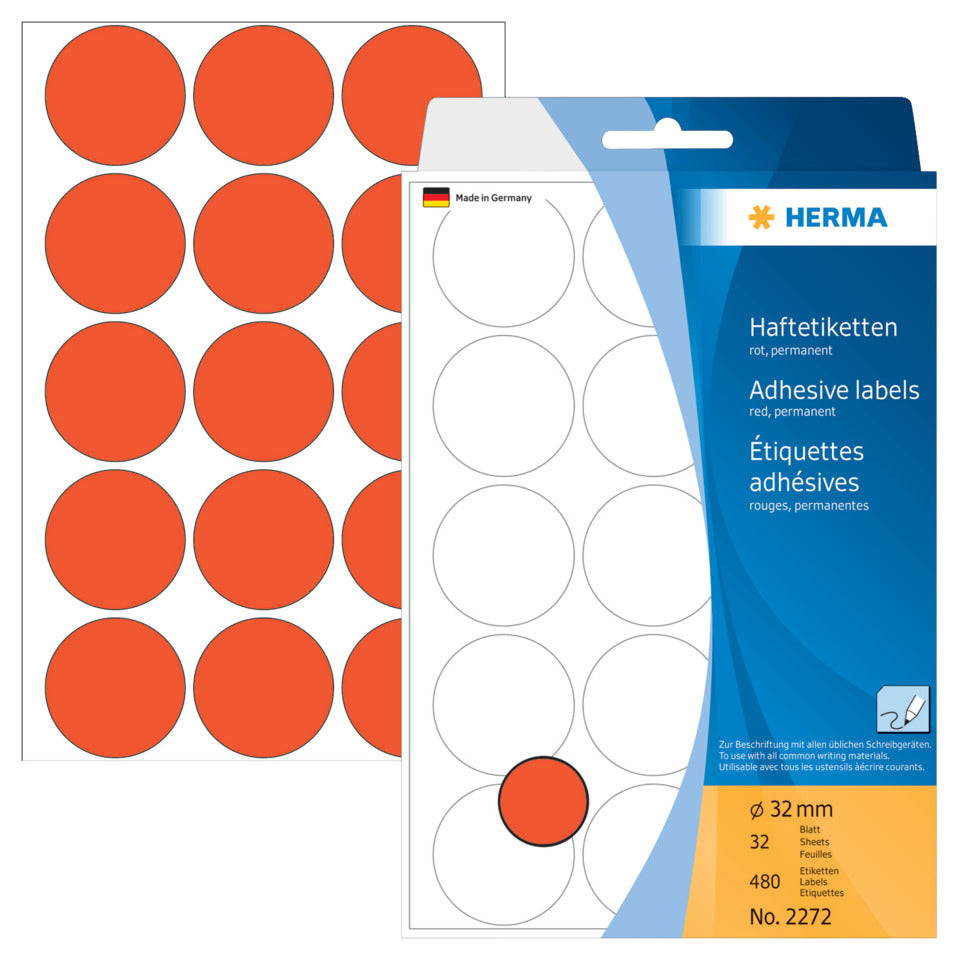 Etiketten permanent, Ø32cm, 480 Stück, rot HERMA 2272 HERMA 2272  480 Stück permanent haftend