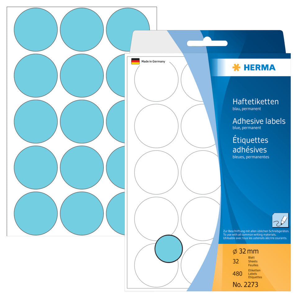 Etiketten permanent, Ø32mm, 480 Stück, blau HERMA 2273 HERMA 2273 480 Stück permanent haftend
