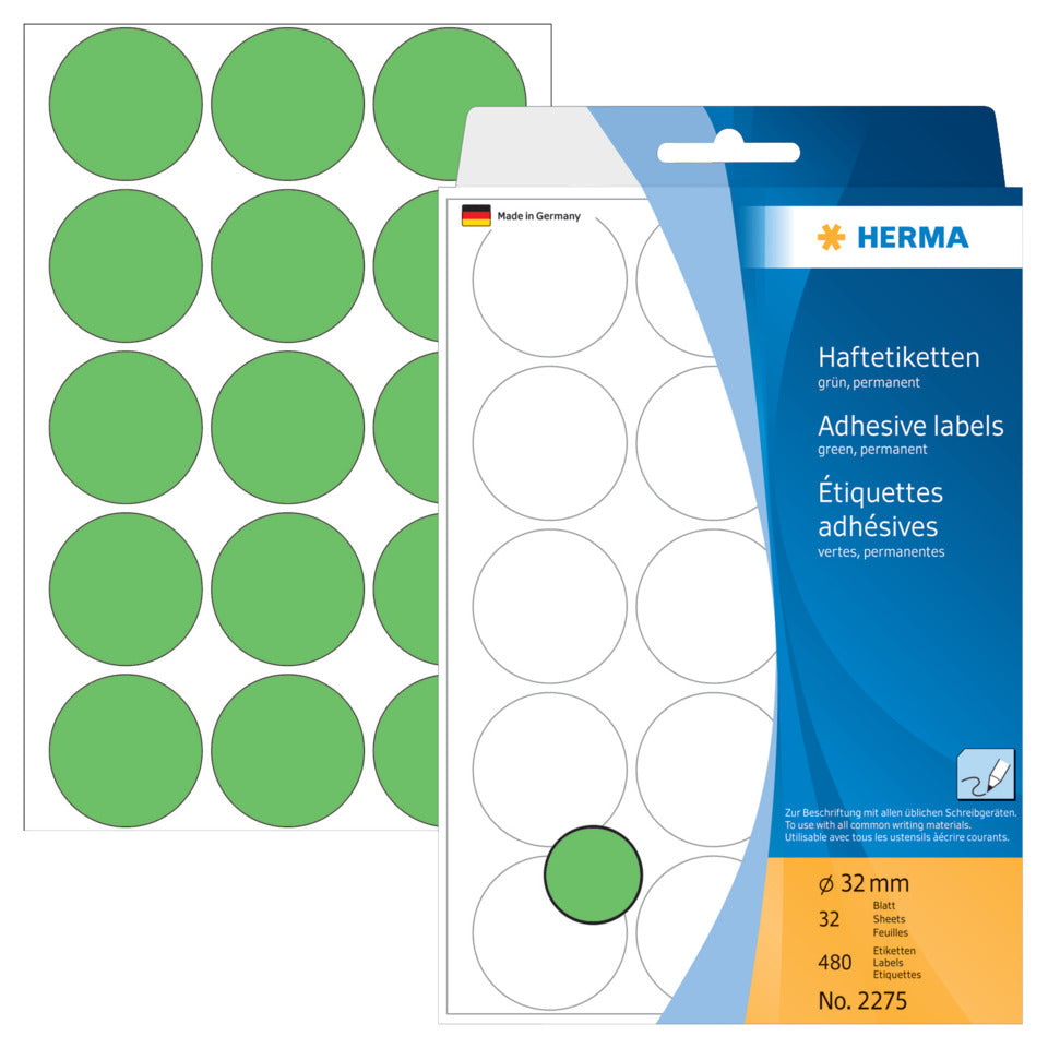 Etiketten permanent, Ø32mm, 480 Stück, grün HERMA 2275 HERMA 2275  480 Stück permanent haftend