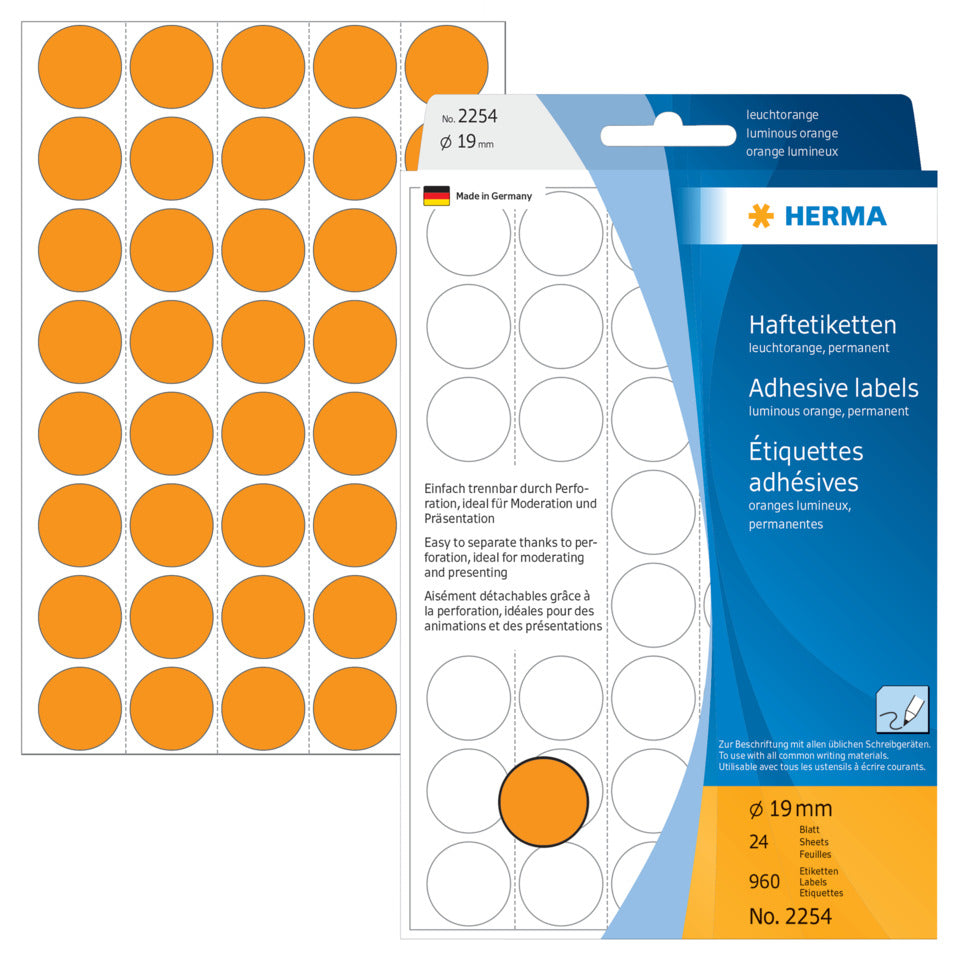 Etiketten permanent, Ø19mm, 960 Stück, leuchtorange HERMA 2254 HERMA 2254 Farbpunkte