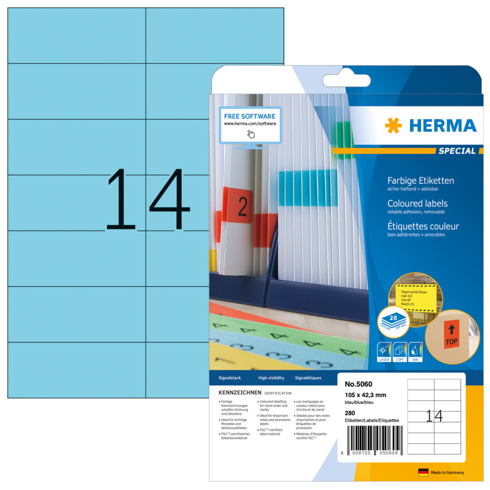Etiketten ablösbar, 105x42,3mm, 280 Stück, blau HERMA 5060 HERMA 5060 SuperPrint 280 Stück ablösbar
