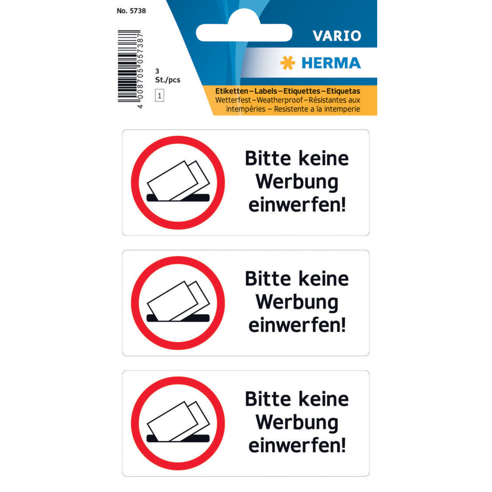 Hinweisetiketten "Bitte keine Werbung einwerfen", wetterfest, 3 Stück HERMA 5738 HERMA 5738  wetterfest 3 Stück