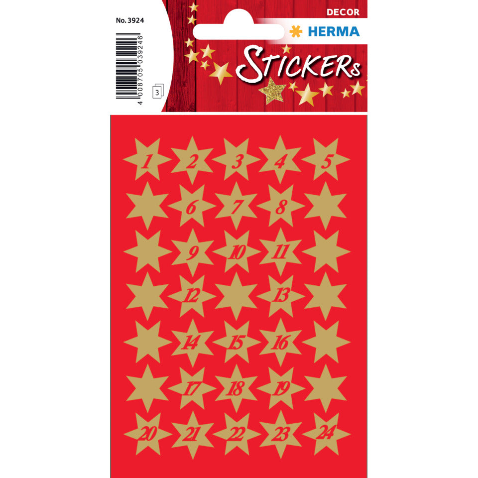 Sticker Sterne 6-zackig, gold Ø 14 mm, 1-24 HERMA 3924 HERMA 3924   mit Zahlen 1-24