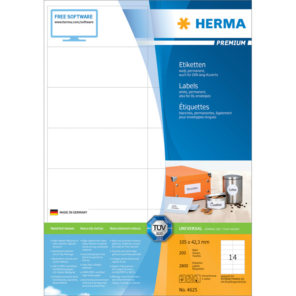Etiketten Premium permanent, 105x42,3mm, 2800 Stück, weiß HERMA 4625 HERMA 4625 2800 Stück permanent haftend