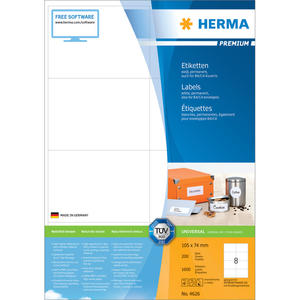 Etiketten Premium permanent, 105x74mm, 1600 Stück, weiß HERMA 4626 HERMA 4626 1600 Stück permanent haftend