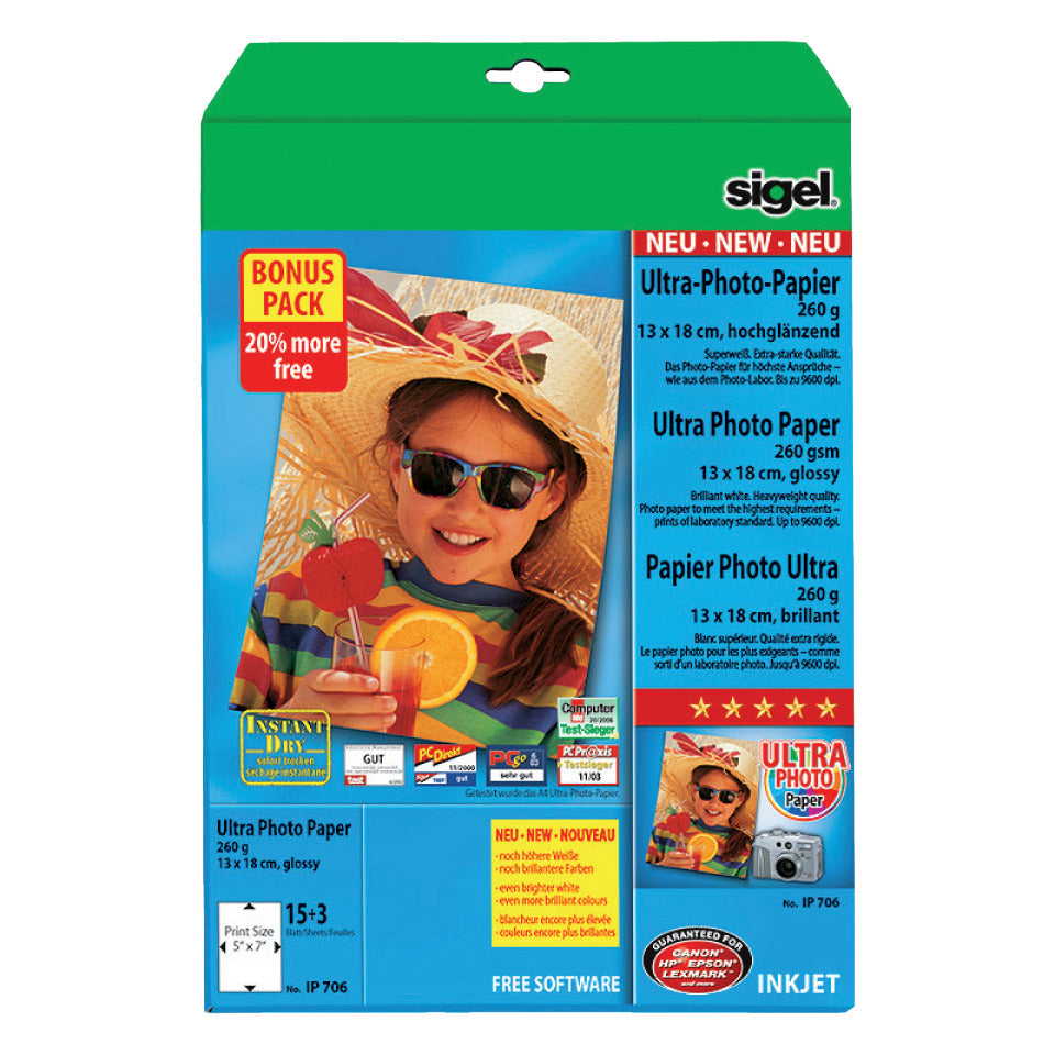 Inkjet Fotopapier Ultra, 13 x 18cm, 260g/m², 18 Blatt, hochglanz SIGEL IP706 SIGEL IP706 13x18cm 260g
