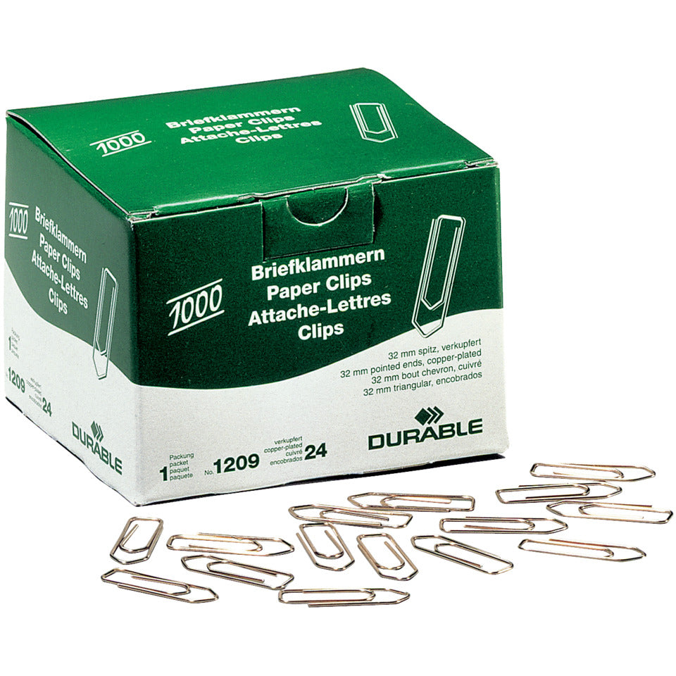 Büroklammer, 32mm, Metall, 1000 Stück, verkupfert DURABLE 1209 24 DURABLE 120924  32mm spitz