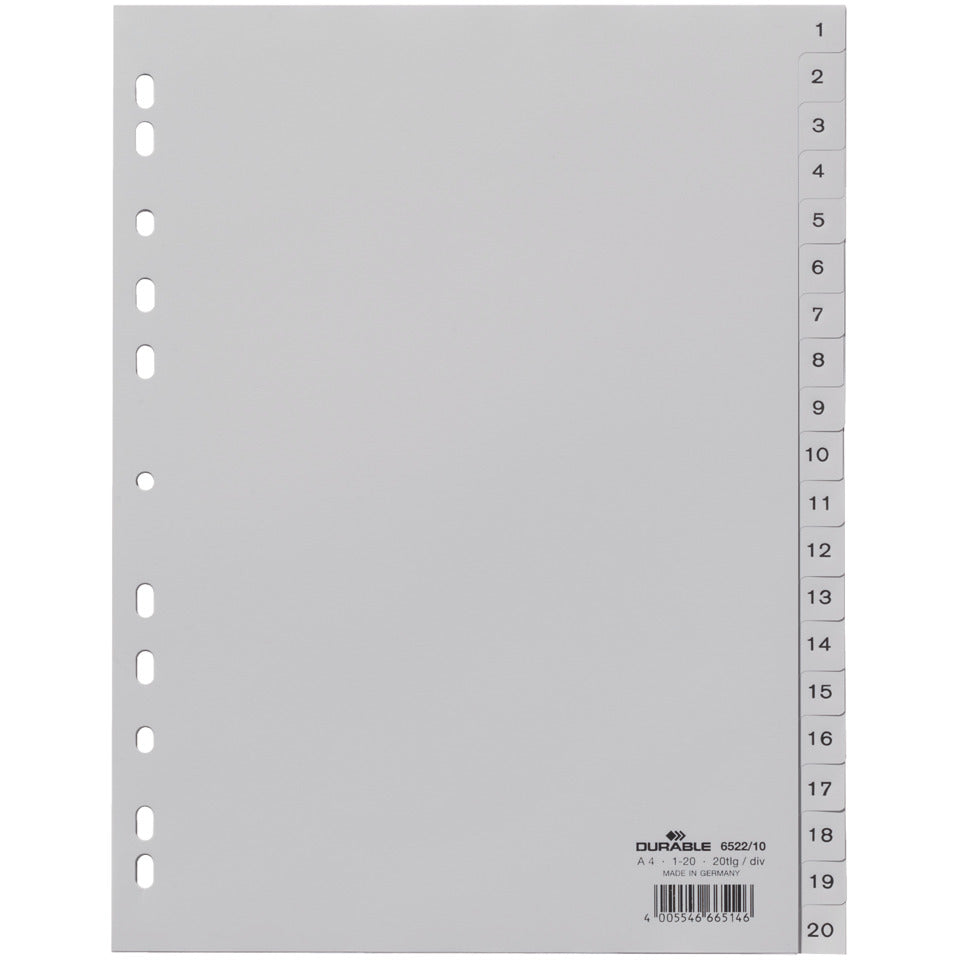 Plastikregister, PP, 1 - 20, grau, DIN A4, 215/230 x 297 mm, 20 Blatt DURABLE 6522 10 DURABLE 6522 10 geprägte Taben