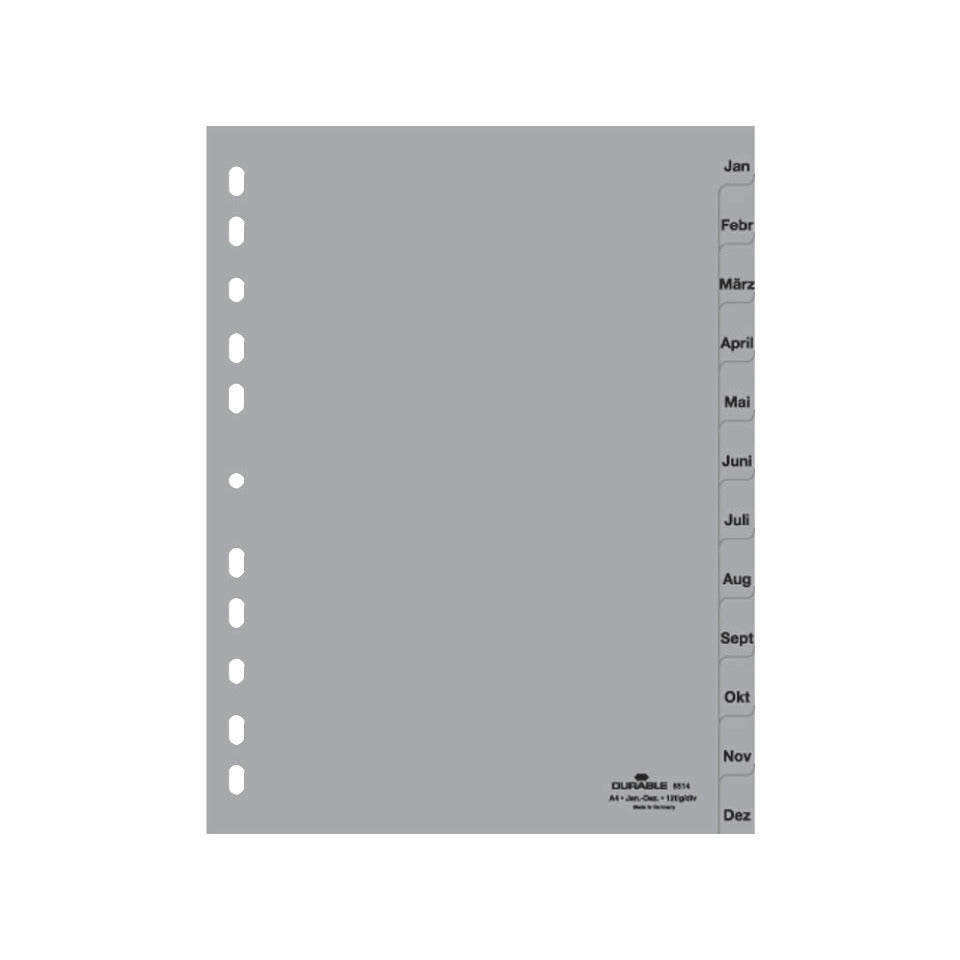 Plastikregister, PP, Jan. - Dez., grau, DIN A4, 215/230 x 297 mm, 12 Blatt DURABLE 6514 10 DURABLE 6514 10 geprägte Taben