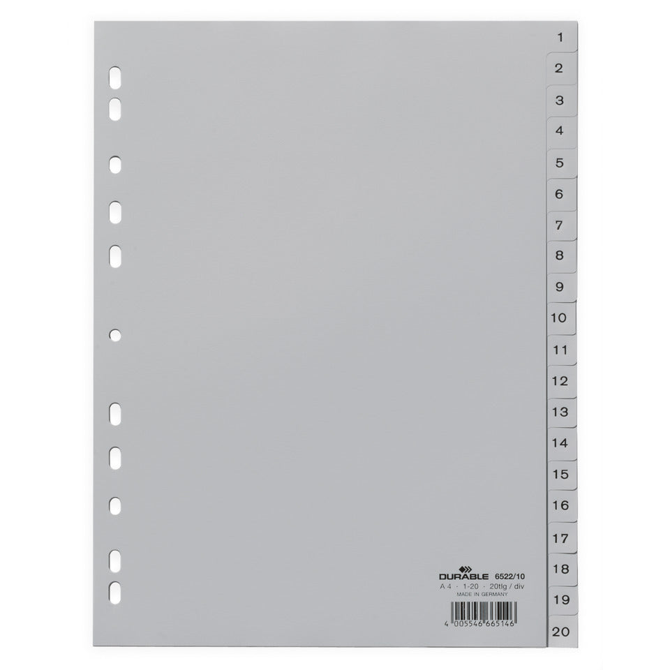 Plastikregister, PP, 1 - 20, grau, DIN A4, 215/230 x 297 mm, 20 Blatt DURABLE 6522 10 DURABLE 6522 10 geprägte Taben