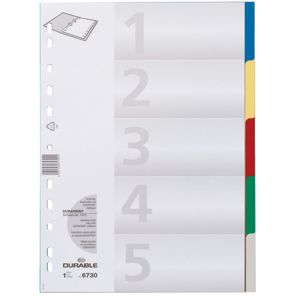 Plastikregister, PP, blanko, farbige Taben, DIN A4, 210/220 x 297 mm, 5 Blatt DURABLE 6730 27 DURABLE 6730 27 farbige Taben