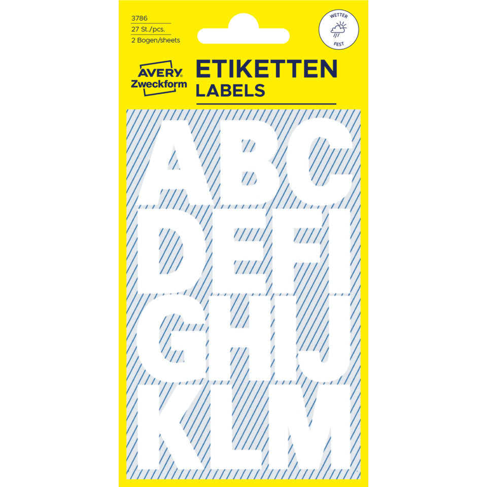 Buchstabenetiketten A-Z, 54 Stück, weiß AVERY ZWECKFORM 3786 ZWECKFORM 3786 25 mm wetterfest