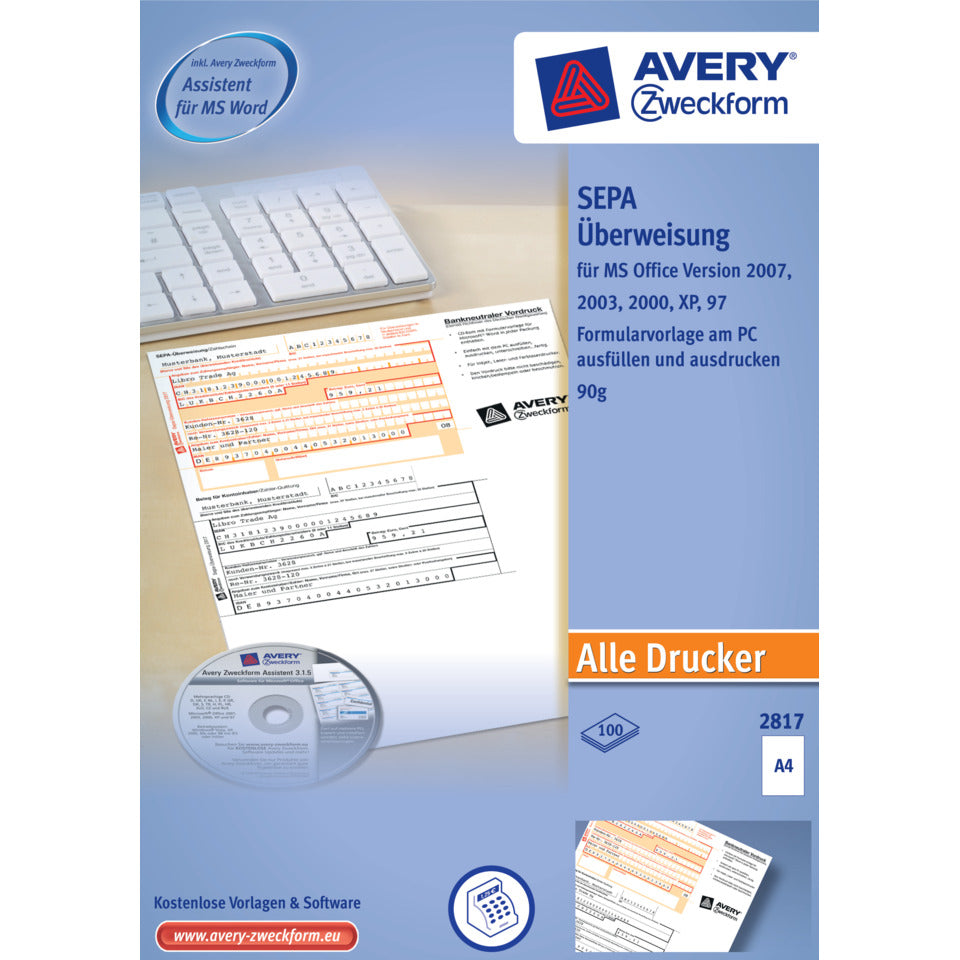PC Formular SEPA-Überweisung, 100 Stück AVERY ZWECKFORM 2817 ZWECKFORM 2817 100St EU