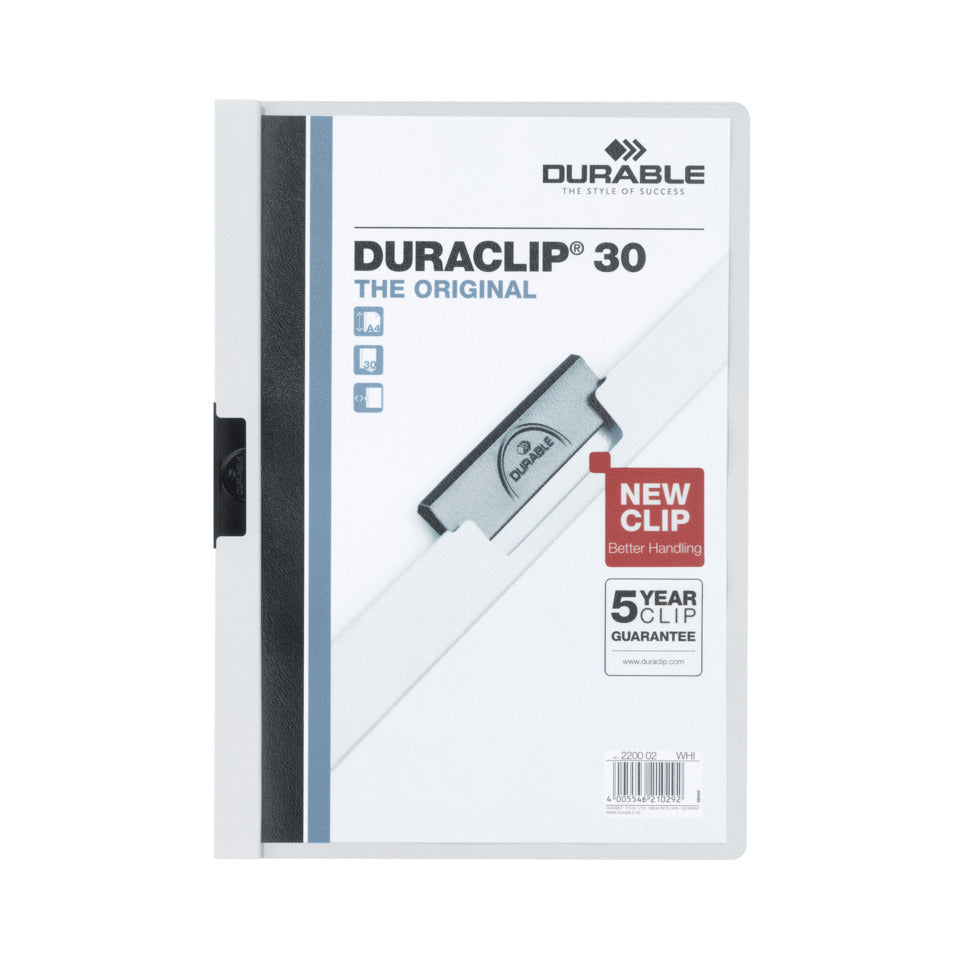Klemm-Mappe DURACLIP® Original 30, Hartfolie, bis 30 Blatt, transparent/weiß DURABLE 2200 02 DURABLE 2200 02 30BL