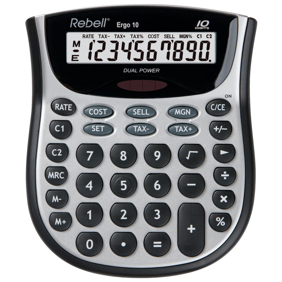 Tischrechner ERGO 10, Solar/Batterie, 10-stellig, schwarz/silber REBELL RE-ERGO 10 REBELL  Ergo 10 130x153x35mm