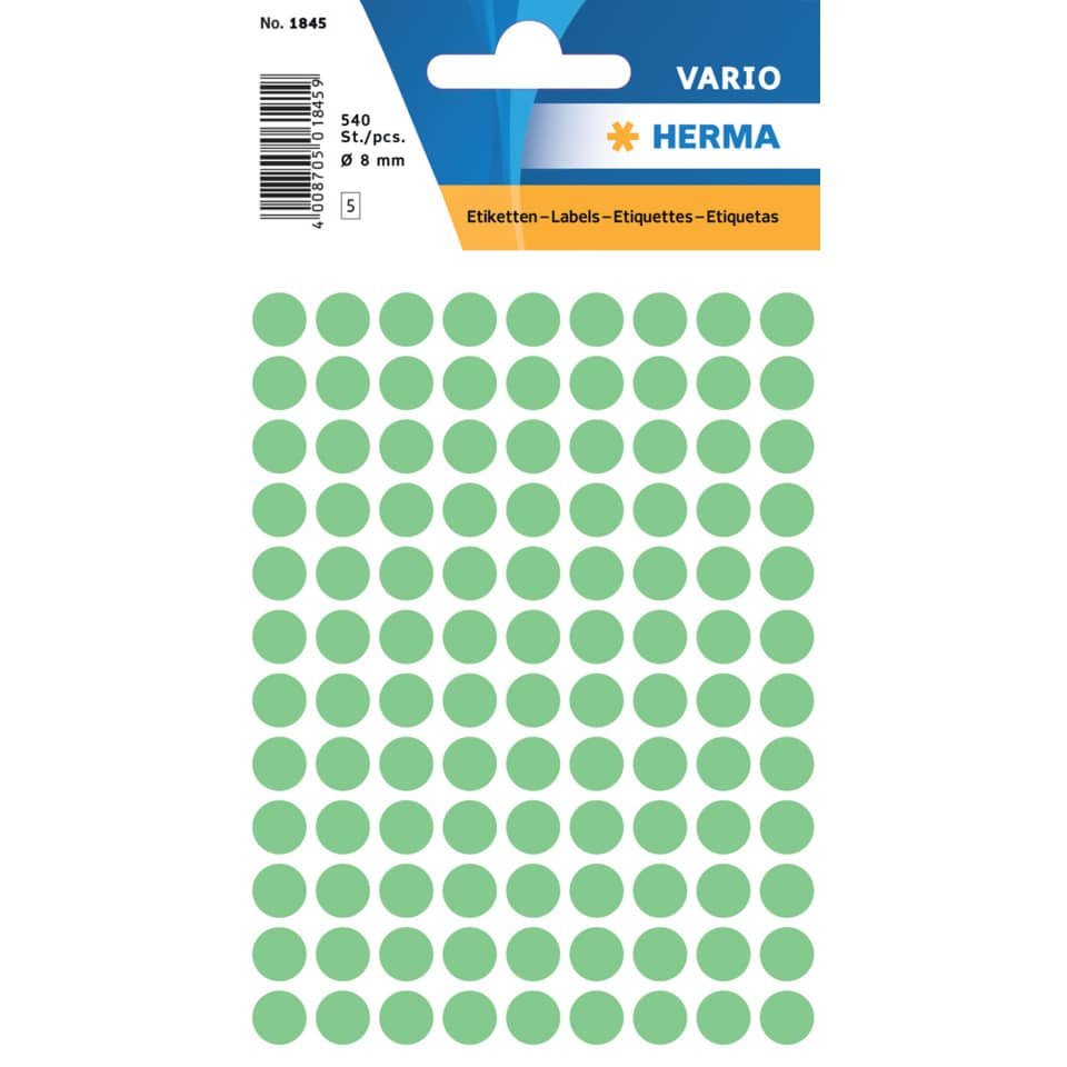Etiketten permanent, Ø8mm, 540 Stück, grün HERMA 1845 HERMA 1845 540 Stück permanent haftend