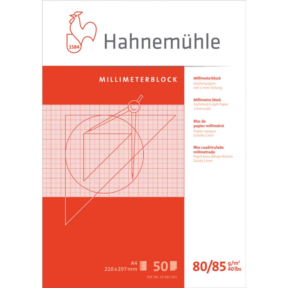 Millimeterpapierblock, A4, 80g/m², 50 Blatt, rot HAHNEMÜHLE 10662561 HAHNEMÜHLE  10662561