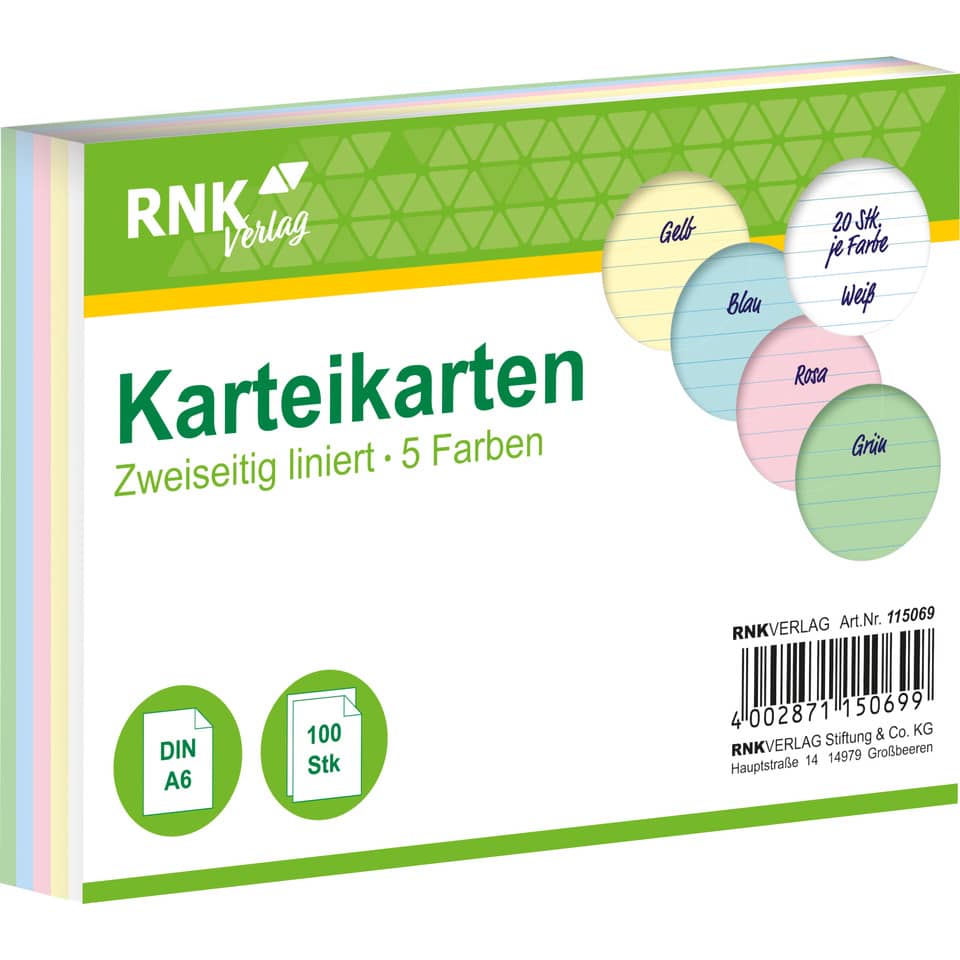 Karteikarte, A6, 170g/m², liniert, 100 Stück, sortiert RNK 115069 RNK 115069 100ST