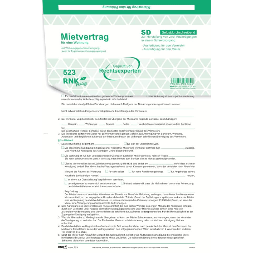 Mietvertrag universal für Wohnungen - SD, 3 x 2 Blatt RNK 523 RNK 523 3x2 Blatt